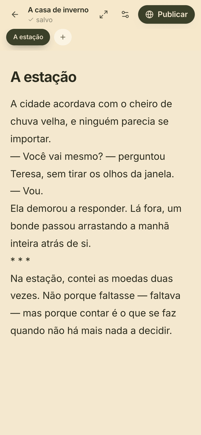 Mesa de escrita do LUME, com a folha de texto e a barra de ferramentas